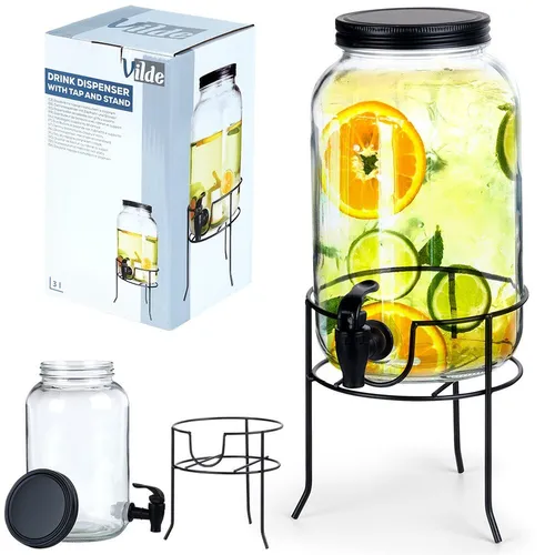 Glaskrug Getränkespender Glasspender mit Getränkehahn und schwarzem Ständer 3 L
