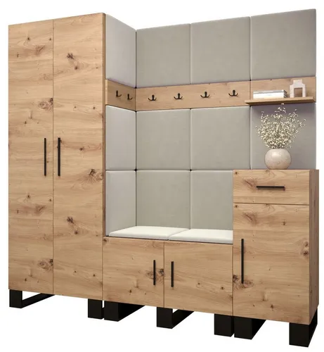 Abiks Möbel Garderoben-Set Eiche Artisan - Garderobe mit 7 Fächern und 1 Schublade, aus stabiler laminierter Platte, ideal für modernen Eingangsbereich, universell montierbar und mit schützenden PVC-Kanten.
