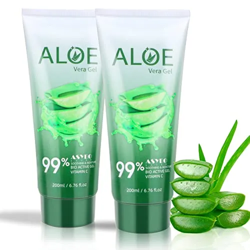 ASYBO 200 ML Aloe Vera Gel – 99% Pure Aloe Vera Face & Body Hydrating, natürliche Aloe Creme After Sun für trockene Haut, Sonnenbrand, Akne (2er Pack)