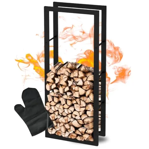 DELUKE Kaminholzregal innen Metall KEOP | Schwarz | 60x25x150cm | Brennholzregal Inkl. Ofenhandschuh | Feuerholzregal Kaminholzhalter Holzständer Holzhalter Holzlager