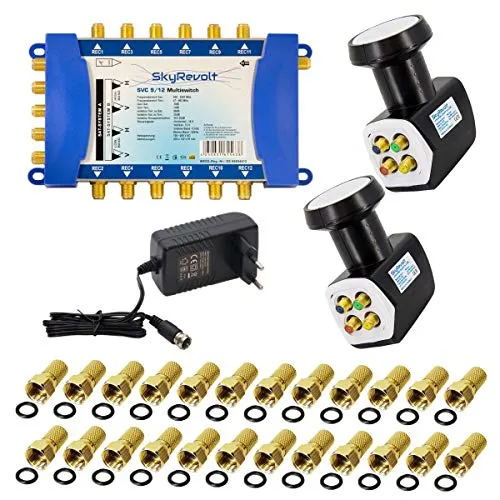 SkyRevolt Multischalter 9/12 Set mit 2 Quattro LNB - Multischalter für 12 Anschlüsse, ideal für die Verteilung von Satellitensignalen auf bis zu 12 TV-Geräte. Unterstützt 4K, 8K UHD und ermöglicht unabhängigen Empfang der Programme.