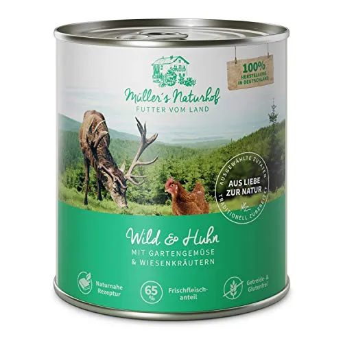 Müllers Naturhof - Wild und Huhn - 6 x 800 g - Nassfutter für alle Hunderassen - getreidefrei und glutenfrei - mit Gartengemüse und Wiesenkräutern - naturnahe Rezeptur mit 65% Fleisch