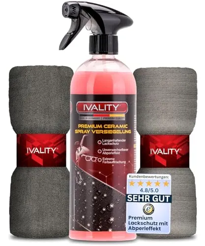 IVALITY Ceramic Versiegelung Auto 750ml mit Abperleffekt – Inkl. 2 Mikrofasertücher, Schützt den Lack und verstärkt die Farbtiefe, Keramikversiegelung, Felgen & Lackversiegelung Auto Spray