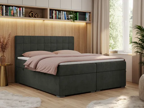 Boxspringbett CARMEN 200x200 cm - Dunkelgrau mit Kopfstütze und Bettkasten - Luxuriöses Doppelbett mit 7-Zonen-Taschenfederkernmatratzen und praktischem Bettkasten für viel Stauraum. Ideal für höchsten Schlafkomfort und stilvolle Einrichtung.