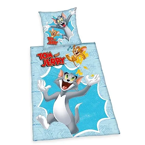 Herding Bettwäsche-Set Tom & Jerry - Bettwaren-Set für Kinder mit niedlichem Tom & Jerry-Motiv, aus 100% Baumwolle, pflegeleicht und mit praktischem Knopfverschluss für einfaches Beziehen.