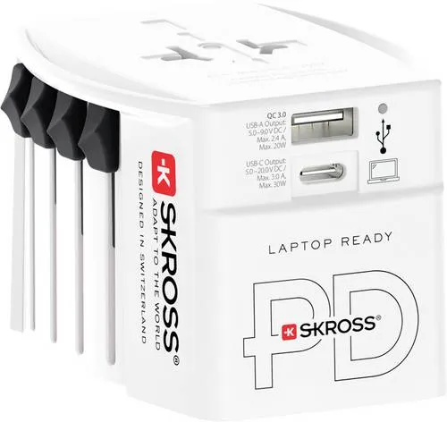 SKROSS MUV USB AC30PD White - Weltreiseadapter mit USB-Ladegerät - Vielseitiger Reiseadapter mit integriertem Dual-USB-Ladegerät für weltweite Nutzung. Sicheres Laden von Smartphones und mehr – ideal für jeden Reisenden.