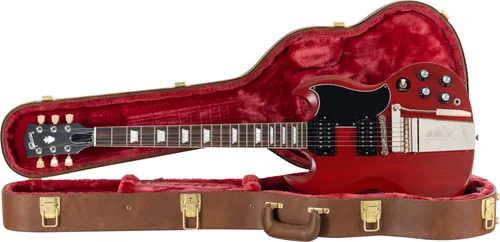 Gibson SG Standard '61 Faded Maestro Vibrola - Gitarren, Original Series mit Mahagoni-Korpus und 60s Burstbucker Tonabnehmer für erstklassigen Sound, inklusive Hartschalenkoffer und Zubehör-Kit.