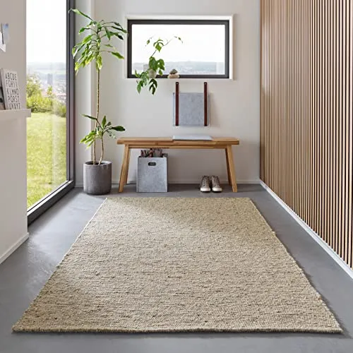 TacaHome Wollteppich Handweb Teppich Gewalkt I Reine Schur-Wolle im Skandinavischen Design I Wohnzimmer Schlafzimmer Esszimmer Kinderzimer Büro | 130 x 190 cm Natur Grau Meliert