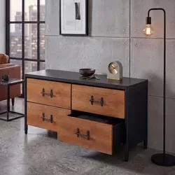 Kommode MCW-Q66 - Industrial Sideboard mit 4 Schubladen, 60x120x40cm - Stilvolle Kommode im Industrial-Design mit robuster Holzoptik und dekorativen Metallakzenten. Vier geräumige Schubladen bieten viel Stauraum und verstellbare Füße sorgen für Stabilität auf jedem Untergrund.