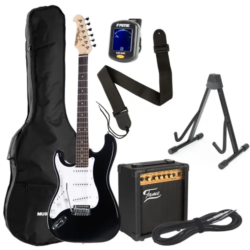 J & D E-Gitarre ST Rock BK Lefthand Set für Anfänger - Komplettset für Linkshänder mit Massivholzkorpus, 15 Watt Combo-Verstärker und praktischem Zubehör. Ideal für den Einstieg in die Welt der E-Gitarre!