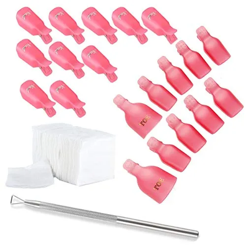 JZK 10x Nagel Klammer + 10x Zehe Nagel Clips + 200x Nagel Pads + 1x Nagelhaut Schieber, Nagellackentferner Clips für Acryl UV Gel Polish Remover Wrap-Werkzeug