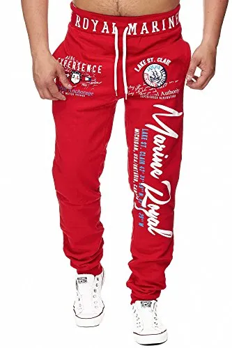 L.gonline Jogginghose Herren lang | Trainingshose Baumwolle | Sporthose mit Bündchen | Enger Beinabschluss | Marine 5258 (M, Rot)