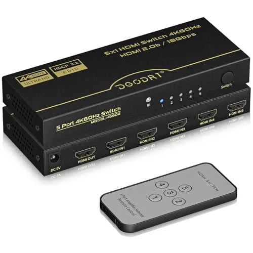 HDMI Switch 4K 60Hz 5 in 1 Out, 5 Port HDMI Umschalter Selector Box mit Fernbedienung for Xbox PS3/4/5 HDTV Monitor
