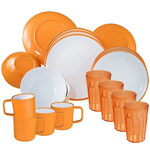 Camping Geschirr Set aus Melamin und Glas Set für 4 Personen - 20 Teile - Campinggeschirr - gelb weiß - mit Trinkglas 630 ml - Gläsern - Anti-Slip-Tassen