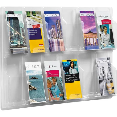 Helit Prospekthalter H62598, Wandprospekthalter aus Acryl - Diverse H, transparenter Wandprospekthalter mit 12 Fächern für DIN lang, ideal für eine übersichtliche Präsentation von Prospekten und Informationen.