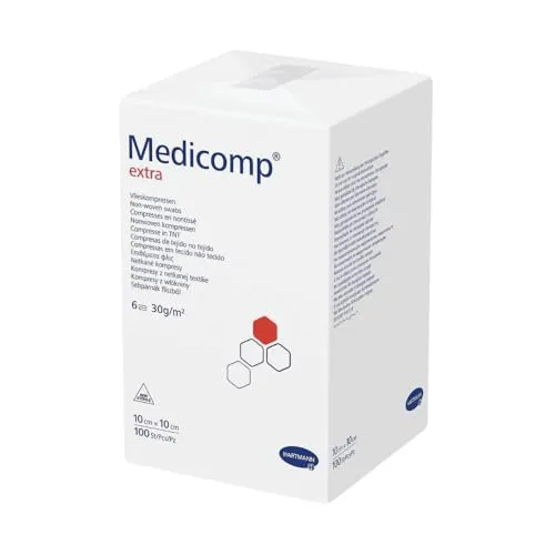 Medicomp Extra Vlieskompressen 10 x 10 cm , 6fach, unsteril 100 Stück in Papierbeuteln