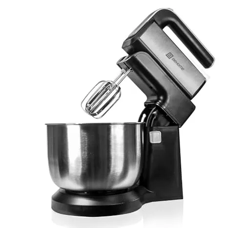 BEHOME Handmixer mit Rührschüssel 3L, 300W, 5 Geschwindigkeiten Turbo, Schneebesen und Knethaken, Handrührer Schwarz