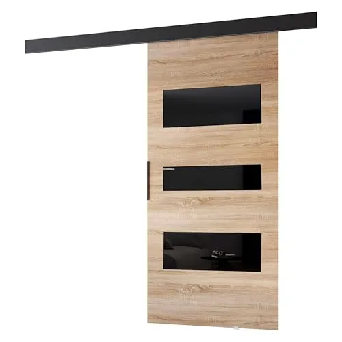 MINIO go for it - Schiebetüren 86 cm, Schiebetür Zimmertür PRIM C, Schiebetürsystem für Zimmer, Dekorative Elemente, Wandmontage, Türe Innen - Schwarz/Schwarzer Griff, Sonoma Eiche/Schwarz