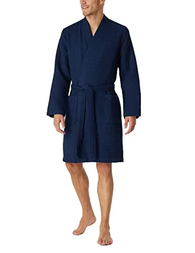 Schiesser Herren Waffelpique Bademantel - Dunkelblau, 100 cm Länge - Bademantel aus Bio Baumwolle mit klassischem Kimono-Schnitt, Bindekordel und zwei aufgesetzten Taschen, ideal für stilvolle Entspannung.
