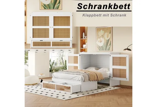 Odikalo Polsterbett Jugendbett 140x200cm - Platzsparendes Schrankbett mit Rattan-Design, ideal für Jugendzimmer. Inkl. Lattenrost und Stauraumschubladen für optimalen Platznutzen.