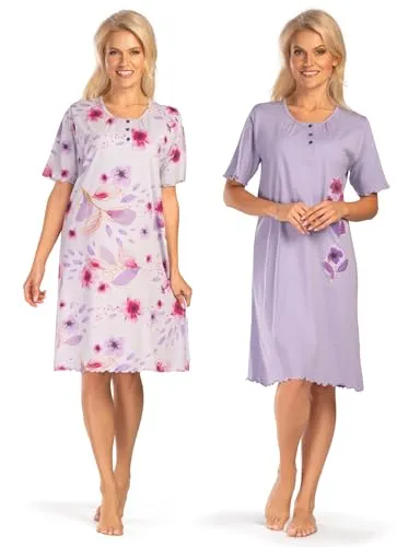 Consult-Tex Damen Nachthemd Kurzarm oder Langarm 2er Pack, Baumwolle-Jersey Nachtwäsche, Schlafhemd Sleepshirt, Schlafkleid DW552/553 Größe 56/58