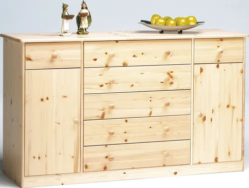 Erst-Holz Kommode Highboard Anrichte Sideboard Kiefer natur - Hochwertige Kommode aus Kiefer-Massivholz mit 7 Schubladen und 2 Türen, ideal für Schlafzimmer, Flur oder Kinderzimmer. Hohe Stabilität und individuelles Design durch sichtbare Holzmaserungen.