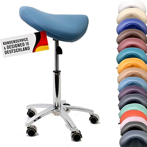 Promafit Sattelhocker/Sattelstuhl mit Gummirollen für alle Böden und Metallfuß - ergonomisch - stufenlos höhenverstellbar - viele Farben - 360° drehbar (Himmelblau, Ohne Fußring)