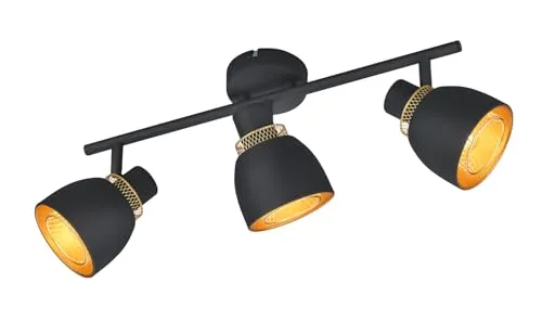 Reality Leuchten Spotbalken Punch R80813032 - Elegante 3-flammige Deckenleuchte - Lampen: 3-flammiger Spotbalken aus schwarzem Metall mit goldfarbigen Innenschirmen, dreh- und schwenkbar für vielfältige Beleuchtung.