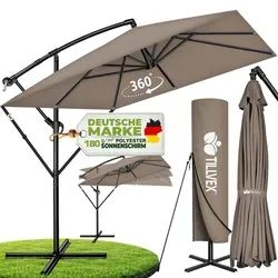 tillvex® Alu Sonnenschirm Rechteckig Ø 330 cm mit LED & Kurbel