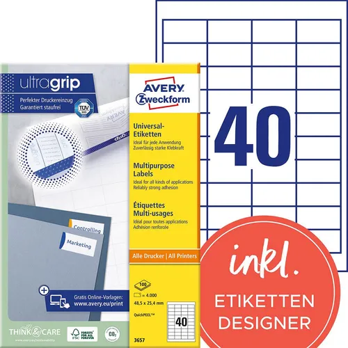 AVERY Zweckform QuickPEEL Universaletiketten 3657 - Etiketten für vielseitige Anwendungen, selbsthaftend und mit QuickPEEL-Technologie für einfaches Abziehen. Ideal für Adressetiketten, 4000 Stück in DIN A4.