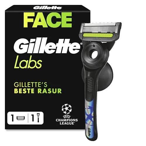 Gillette Labs Rasierer Herren, Nassrasierer, Metall, Schwarz | UEFA Champions League Special Edition, Inkl. 1 Handstück, 1 Rasierklinge Und 1 Wandhalterung für Einfache Lagerung