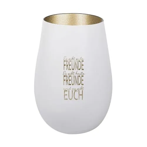 Der-Porzellan-Laden Windlicht mit Gravur Es gibt Gute Freunde, Weiß Gold, Teelichthalter aus Glas mit Spruch, Tischdeko modern