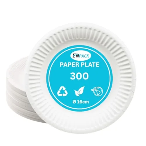Enpack 300 Stück Einweg Teller aus Papier 16cm - Einwegteller in weiß - Pappteller Geburtstag - Einweggeschirr umweltfreundlich & nachhaltig - Einmal Teller für Partys - bio plates