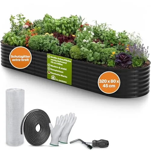 TTL GARDEN 320x80x45cm Elegance XL Metall Hochbeet Anthrazit - Stahl rostfrei verzinkt & grau lackiert Wellblech ovale Form sehr stabil Garten Beet für Gemüse Kräuter Blumen Gartenbeet Gemüsebeet