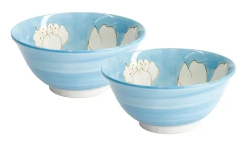 Japan-Bowls ASIATICA | Ramen Bowl Porzellan-Schalen 15 cm | Hochwertige asiatische Schüssel für Reis, Nudeln, Tapas, Udon, Müsli - Suppen-Schale mit japanischen Designs (2er Set Suiren blau)