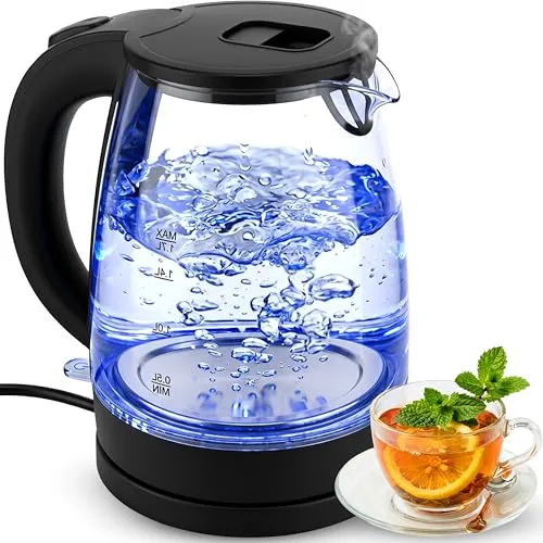 Retoo Glas Wasserkocher 2200W | 1,7 Liter | Blitzaufheizung mit Blaue LED