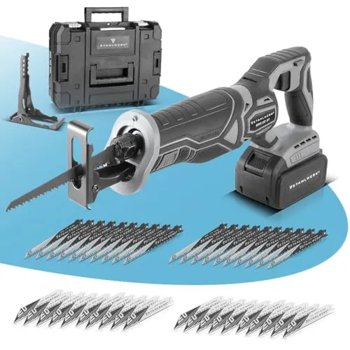 STAHLWERK Brushless-Akku-Säbelsäge – 20 Volt Universalsäge - Sägen, Holz, Metall, Kunststoffe und mehr mit 28 mm Hublänge und 2600 U/min. Ideal für präzise Schnitte dank sanftem Anlauf und verstellbarem Anschlag. 7 Jahre Garantie!