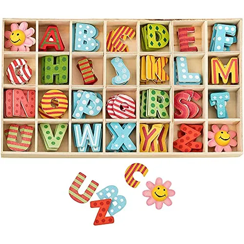 ANCLLO 112-teiliges Holzbuchstaben- und Blumen-Set, verschiedene farbige Holzbuchstaben und -blumen, mit Ablageschale für Kunsthandwerk, Heimwerken, Hochzeitsdekoration, Dekoration