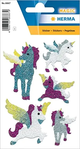 HERMA 6667 Aufkleber Einhorn Glitzer - 5 Stück kreative Tiere Sticker, ideal für Fotoalben und Scrapbooking, perfekt zum Sammeln und Basteln