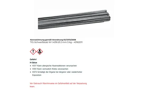 Promat TIG-Schweissstab W-1.4316 Ø 2 mm - Hochwertiger TIG-Schweissstab W-1.4316 mit Ø 2 mm, ideal für präzise Schweißarbeiten. Perfekt für den professionellen Einsatz in der Metallverarbeitung.