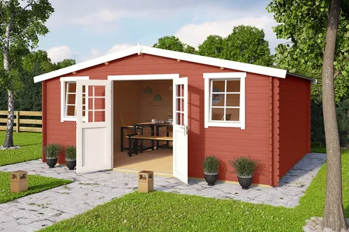 Gartenhaus Blockhaus Satteldach 28 mm Wels 5 rot - Gartenhaus mit 28 mm Wandstärke und Satteldach, abschließbar und aus robustem Holz, ideal für Gartenliebhaber mit einer Nutzfläche von 19.89 m².
