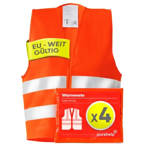 PURAHELP Warnwesten Auto 4er Set Europaweit gültig nach EN ISO 20471 - Reflektierende Warnweste Auto - Sicherheitsweste Auto Warnweste Orange - Warnschutzweste - Sicherheitswesten für Erwachsene