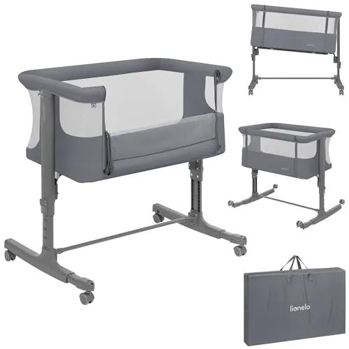 Lionelo Aurora 3 in 1 Babybett bis 9 kg, Beistellbett, Wiege, Höhenverstellug und Einstellung der Neigung der Matratze, 4 Räder mit Bremse Ergonomische Matratze Tasche