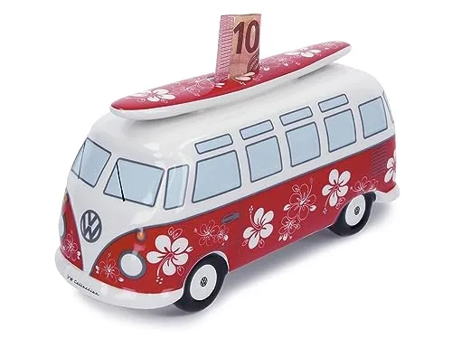 BRISA VW T1 Bulli Spar-Büchse - Flower Power Design mit Surfbrett - Spardose für Kinder im VW T1 Bulli Samba Design, ideal zum Geldsparen und als trendiges Accessoire. Mit praktischem Gummipfropfen zum einfachen Entleeren.