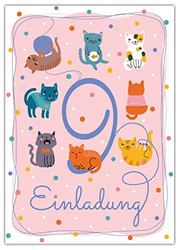 Junapack 12 Einladungskarten zum 9. Kindergeburtstag neunte Geburtstag Mädchen Jungen Katzen Katze