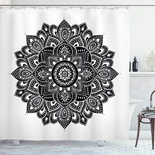 ABAKUHAUS Henna Duschvorhang, Vintage Flora Ornament, Stoffliches Gewebe Badezimmerdekorationsset mit Haken, 175 x 200 cm, Weiß schwarz