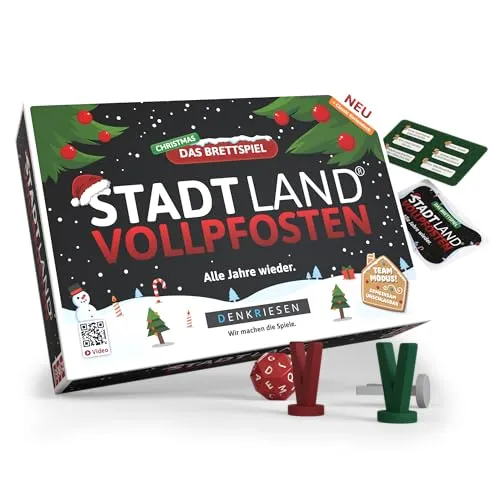 DENKRIESEN - STADT LAND VOLLPFOSTEN® Christmas Edition - Gesellschaftsspiel mit über 700 kreativen Kategorien für einen festlichen Spieleabend. Innovativer Buchstabenwürfel sorgt für spannenden Spielspaß ohne Schummelgefahr!