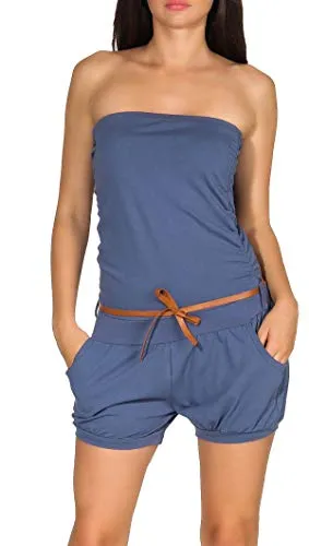 malito - Damen Jumpsuit - Einteiler mit Gürtel & Taschen - Bandeau Sommer Overall - kurzer trägerloser Playsuit - unifarbener Romper 8964 (Jeansblau)