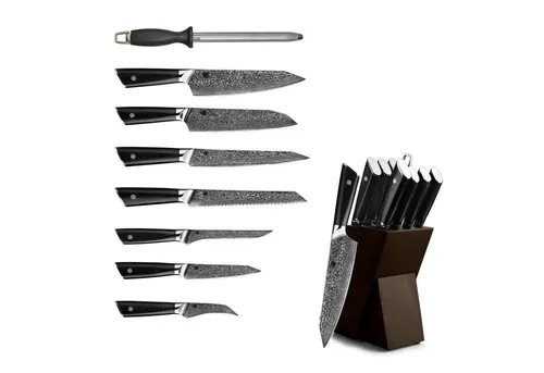 VOSSBACH Damastmesser Set 9-tlg. mit Echtholz Messerblock - Hochwertiges Messerset aus 67 Schichten Damaststahl mit ergonomischen, rutschfesten Griffen. Ideal für präzises Schneiden von Fleisch und Gemüse. Der stabile Eichenholzblock schützt und präsentiert Ihre Messer stilvoll.