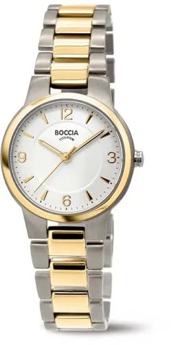 Boccia Titanium Damenuhr 3359-02 - Elegante Armbanduhr aus Titan mit goldfarbenen Akzenten, leicht und hautverträglich – ideal für Allergiker. Präzises Quarzwerk und hohe Wasserdichtigkeit (5 ATM) für Alltagstauglichkeit.